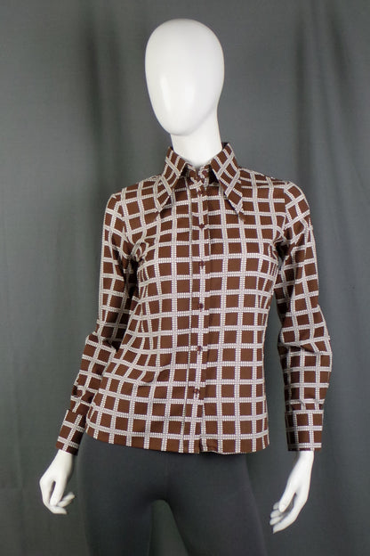 1970s Brown Check Cuff Dagger Collar Vintage Shirt | Lisa-Jane