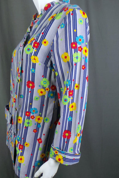 1950s Blue Striped Floral Smock | M