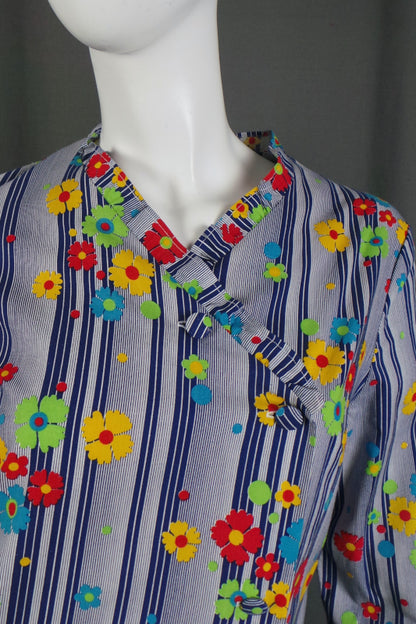 1950s Blue Striped Floral Smock | M