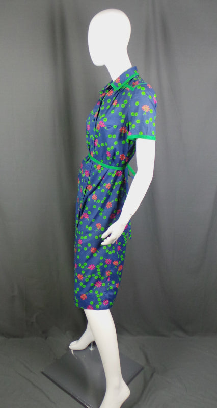 1960s Blue and Neon Green Floral Shirtdress | Travona | M