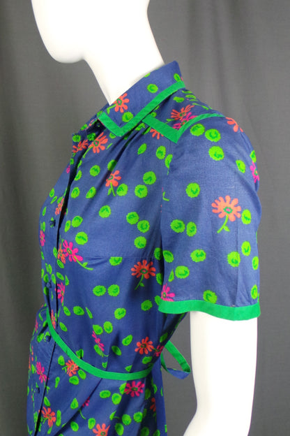 1960s Blue and Neon Green Floral Shirtdress | Travona | M