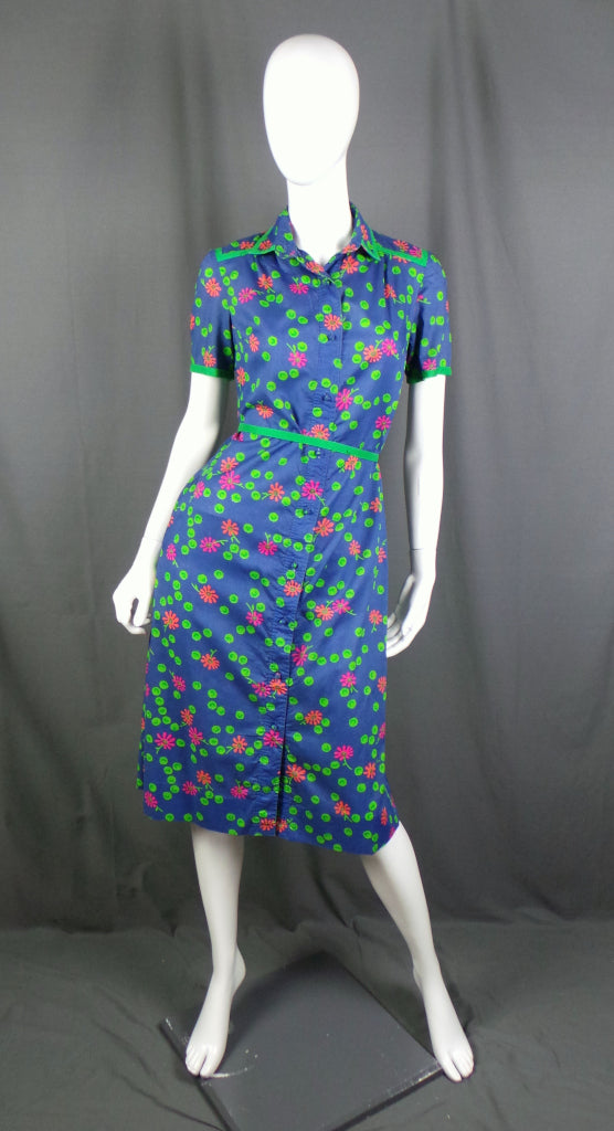 1960s Blue and Neon Green Bright Funky Floral Shirtdress, by Travona, 38in Bust