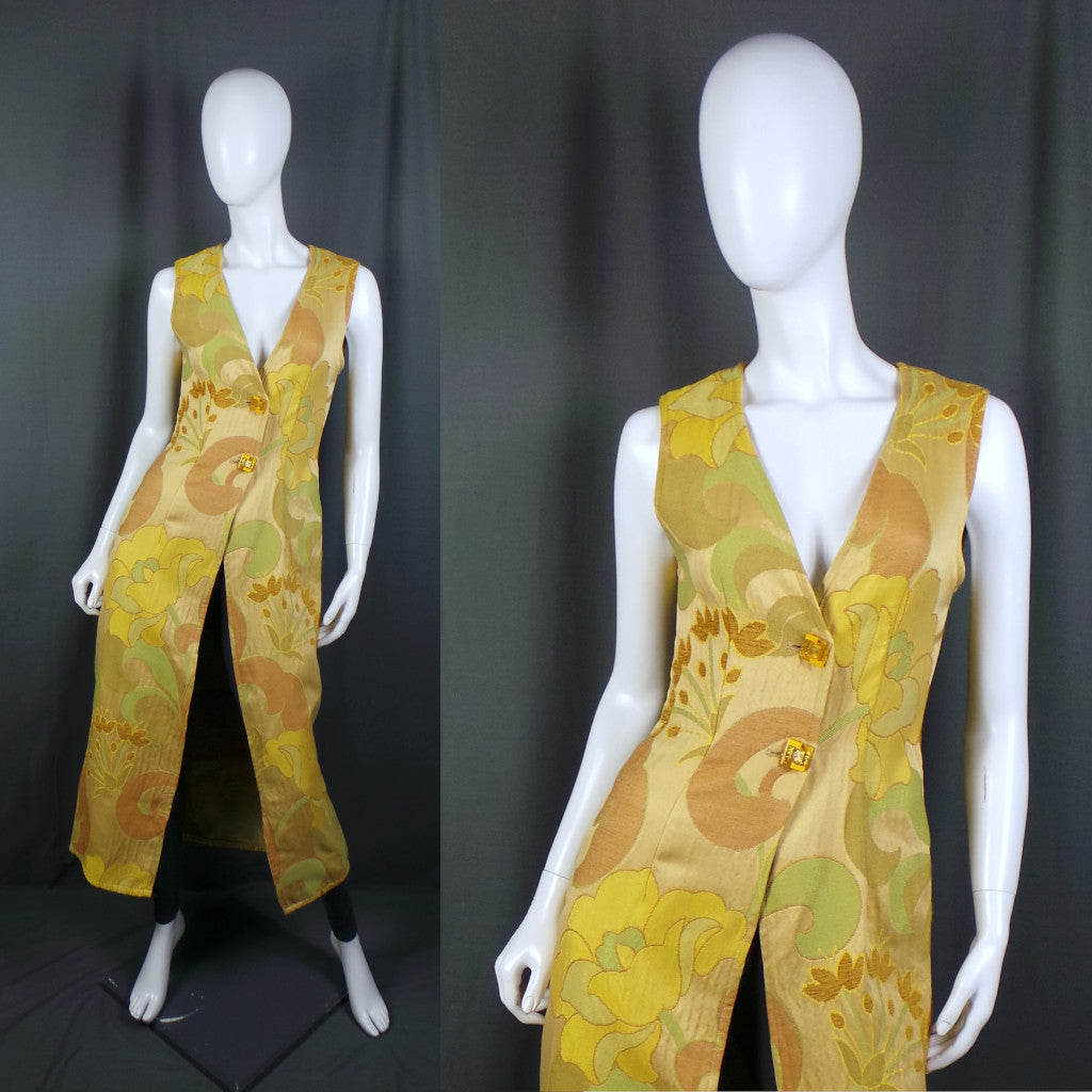 1970s Yellow Long Vintage Tapestry Waistcoat