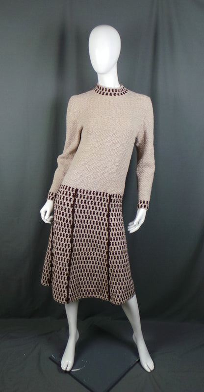 1960s Camel Knitted Drop Waist Vintage Jumper Dress