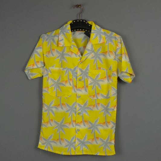 1980s Bright Yellow Palm Tree Print Vintage Hawaiian Shirt, by Tropicana
