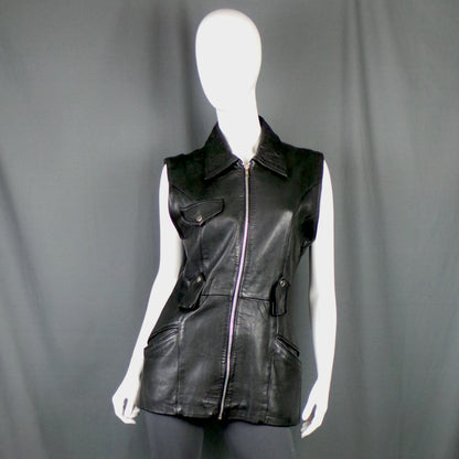 1980s Black Leather Biker Vintage Waistcoat | Etam