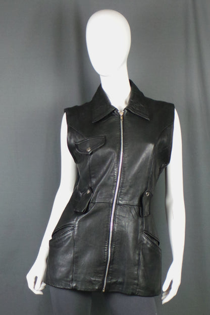 1980s Black Leather Biker Waistcoat | Etam | M