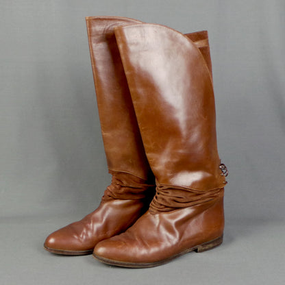 1980s Brown Leather and Suede Lace Back Knee Boots, by Russell and Bromley, UK 6