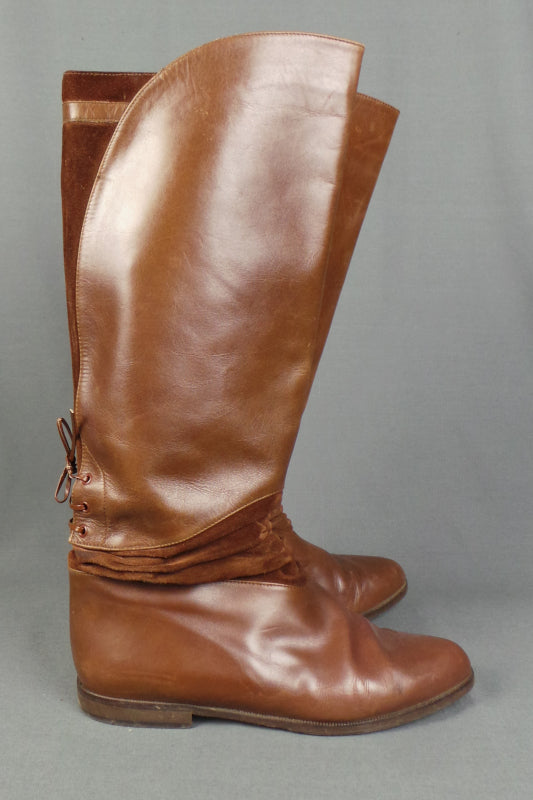1980s Russell and Bromley Brown Leather Lace Up Knee Boots | UK 6