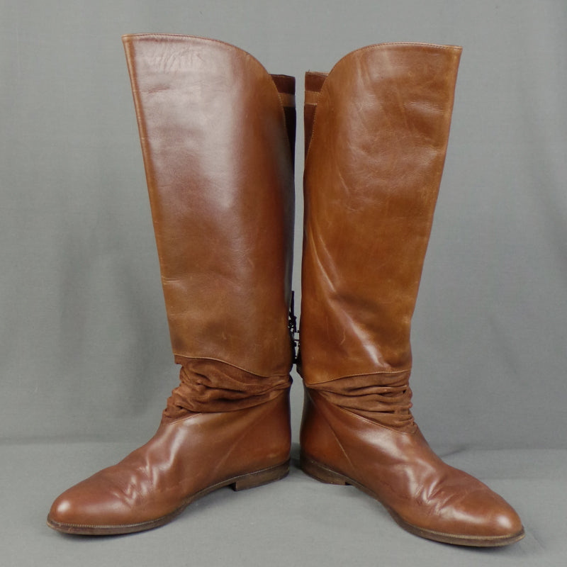 1980s Brown Leather and Suede Lace Back Knee Boots, by Russell and Bromley | UK 6