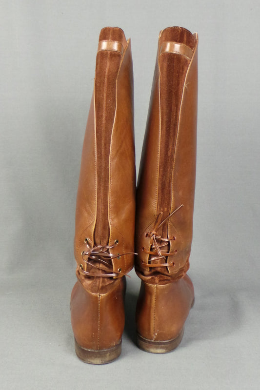 1980s Brown Leather and Suede Lace Back Knee Boots, by Russell and Bromley | UK 6