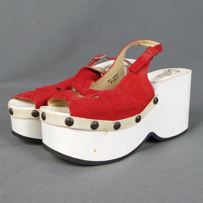 1970s Red Open Toe Wooden Sole Platforms, by Gala, UK 5