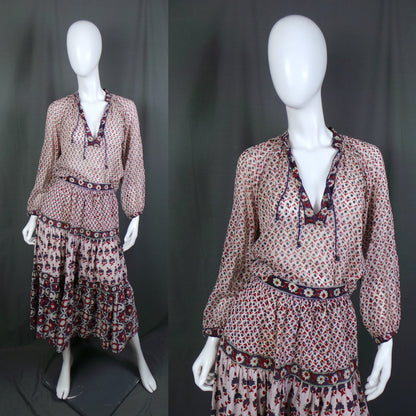 1970s Phool Red, Purple and White Indian Cotton Top and Skirt Set, 40in Bust 27in Waist,