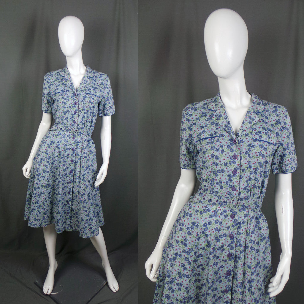 1980s Cornflower Blue Daisy Print Shirt Dress, by Marion Donaldson. 38in Bust