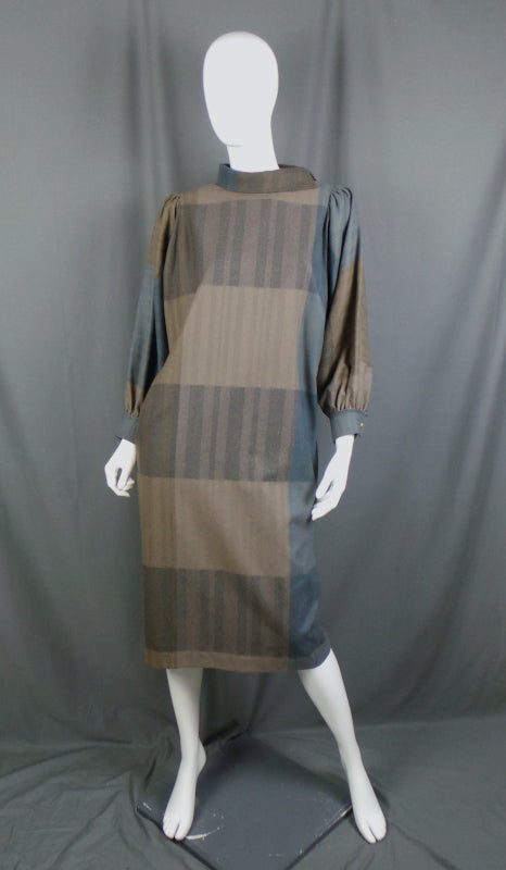 1980s Slate Blue and Camel Wool Vintage Dress | Jersey Masters