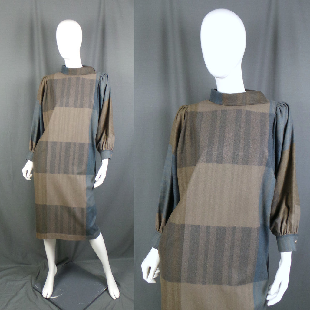 1980s Slate Blue and Camel Wool Vintage Dress | Jersey Masters