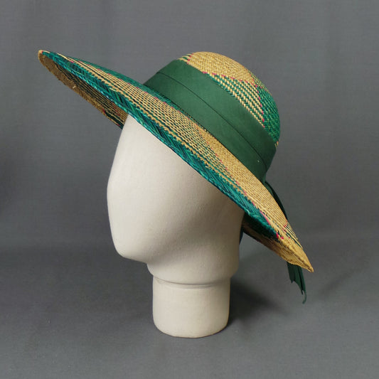 1980s Green and Pink Ribbon Back Wide Brim Summer Hat