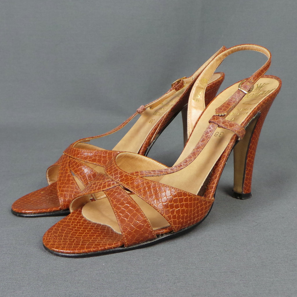 1970s Brown Snakeskin Strappy Vintage Heels | Debonair