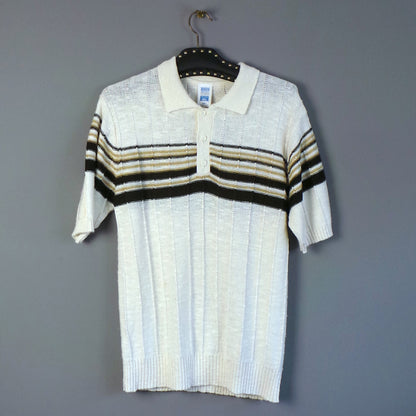 1970s Cream and Brown Striped Knit Vintage Mens Polo Shirt, by BHS