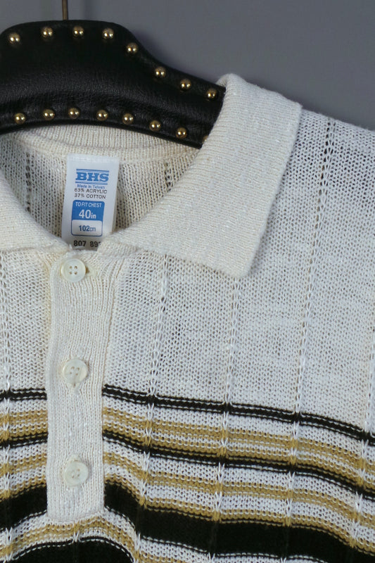 1970s Cream and Brown Striped Knit Polo Shirt, by BHS, 45in Chest