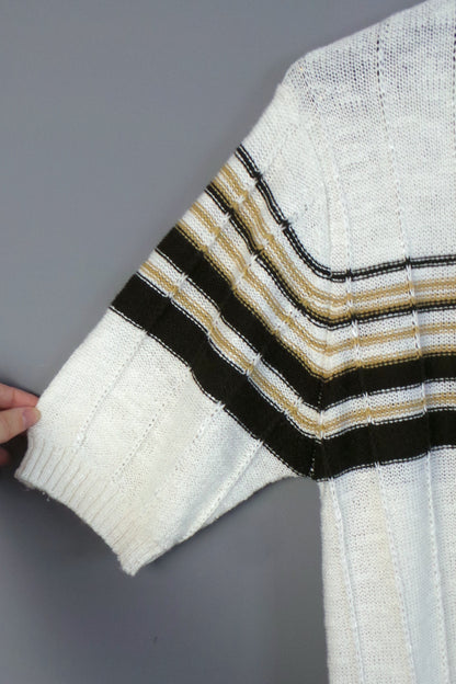 1970s Cream Striped Knit Polo Shirt | BHS | 2XL