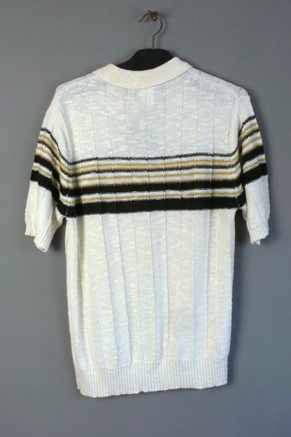 1970s Cream Striped Knit Polo Shirt | BHS | 2XL