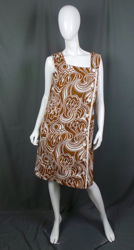 1960s Cocoa and White Swirl Print Asymmetric Shift Dress, by Norman Linton, 44in Bust