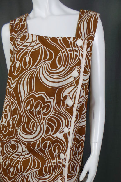 1960s Cocoa and White Swirl Shift Dress | Norman Linton | 2XL