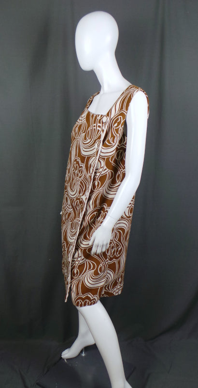 1960s Cocoa and White Swirl Print Asymmetric Shift Dress, by Norman Linton, 44in Bust