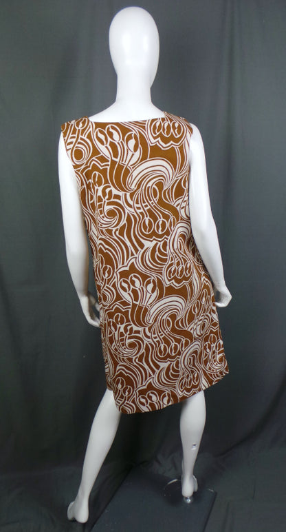1960s Cocoa and White Swirl Shift Dress | Norman Linton | 2XL