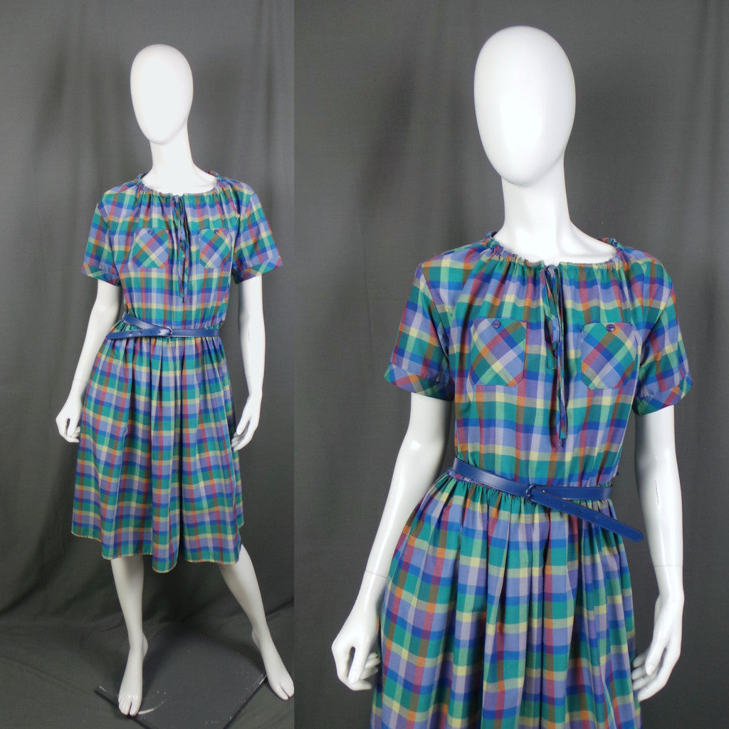 1980s Blue Checked Drawstring Neck Belted Vintage Dress, By St Michael