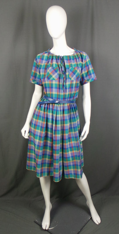 1980s Blue Checked Drawstring Neck Belted Dress, By St Michael, 44in Bust