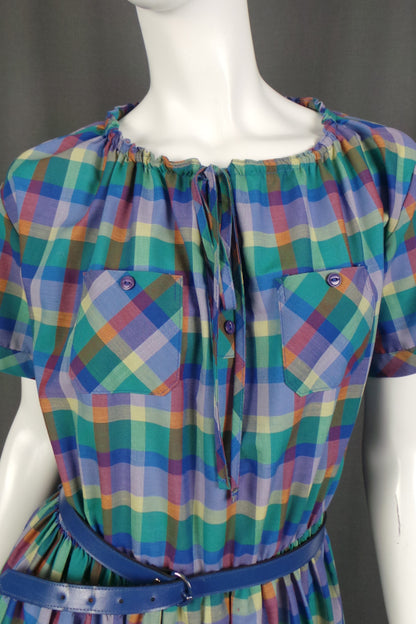 1980s Blue Checked Belted Dress | St Michael | 2XL