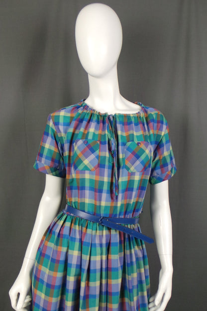 1980s Blue Checked Belted Dress | St Michael | 2XL