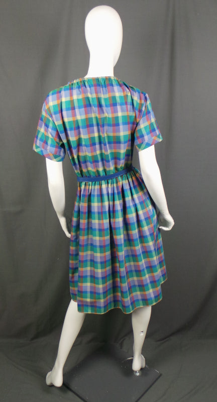 1980s Blue Checked Drawstring Neck Belted Dress, By St Michael, 44in Bust