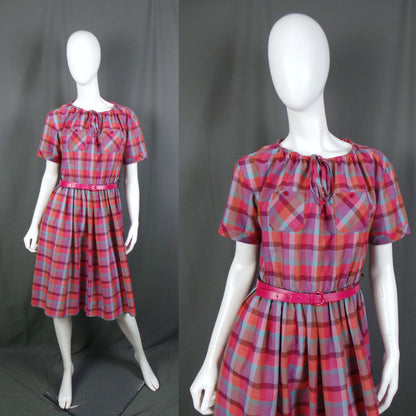 1980s Pink Checked Drawstring Neck Belted Vintage Dress, By St Michael