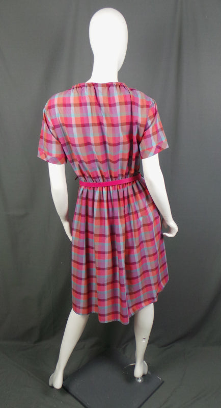1980s Pink Checked Drawstring Neck Belted Dress, By St Michael, 44in Bust