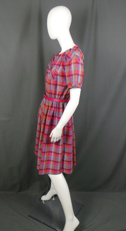 1980s Pink Checked Drawstring Neck Belted Dress, By St Michael, 44in Bust