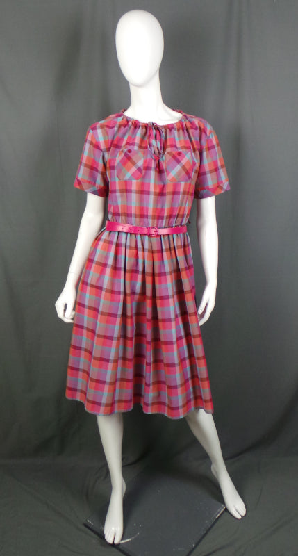 1980s Pink Checked Belted Vintage Dress | St Michael