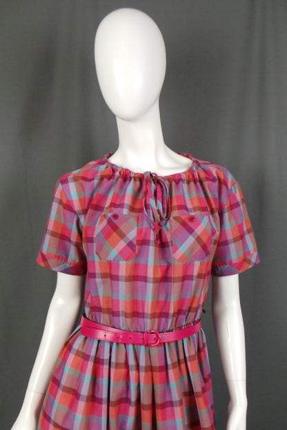 1980s Pink Checked Belted Vintage Dress | St Michael | 2XL