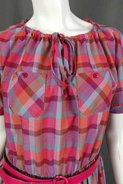 1980s Pink Checked Belted Vintage Dress | St Michael | 2XL