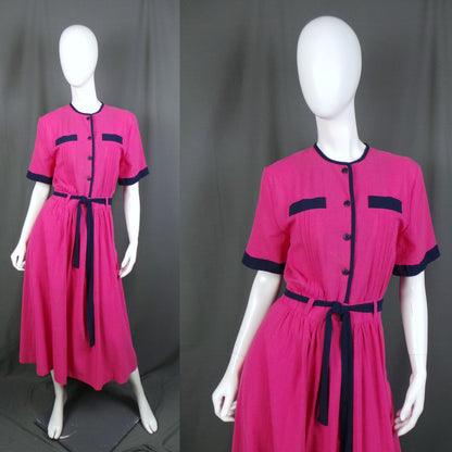 1980s Pink and Navy Belted Vintage Midi Dress | Marion Donaldson