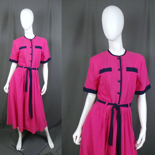 1980s Hot Pink and Navy Belted Vintage Midi Dress, by Marion Donaldson,