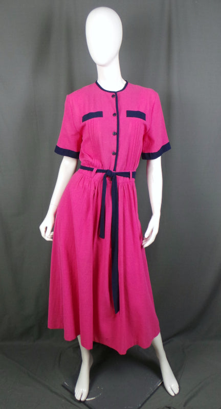 1980s Pink and Navy Belted Vintage Midi Dress | Marion Donaldson