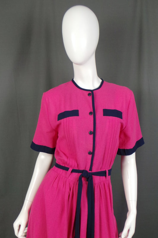 1980s Pink and Navy Belted Midi Dress | Marion Donaldson | M