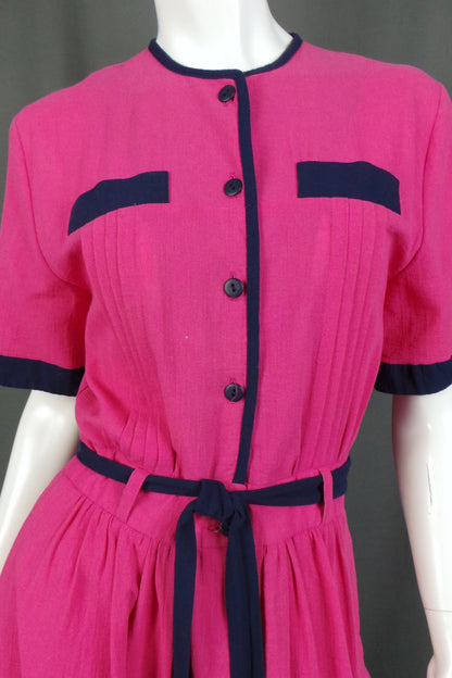 1980s Pink and Navy Belted Midi Dress | Marion Donaldson | M