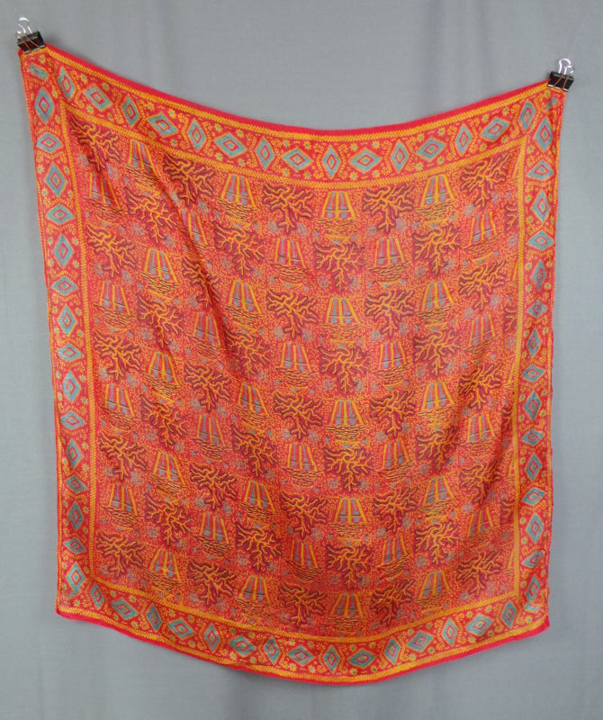 1970s Indian Silk Lantern and Coral Print Vintage Scarf