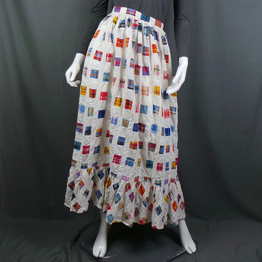 1970s White Patchwork Boho Vintage Maxi Skirt