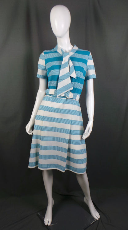 1960s Blue and White Stripe Scarf Vintage Dress | Gay Lady