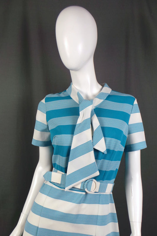 1960s Blue and White Stripe Scarf Dress | Gay Lady | XL